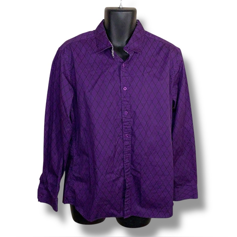 Large Coofandy Mens Purple Black Print Long Sleeve Button Up Shirt Cotton Blend